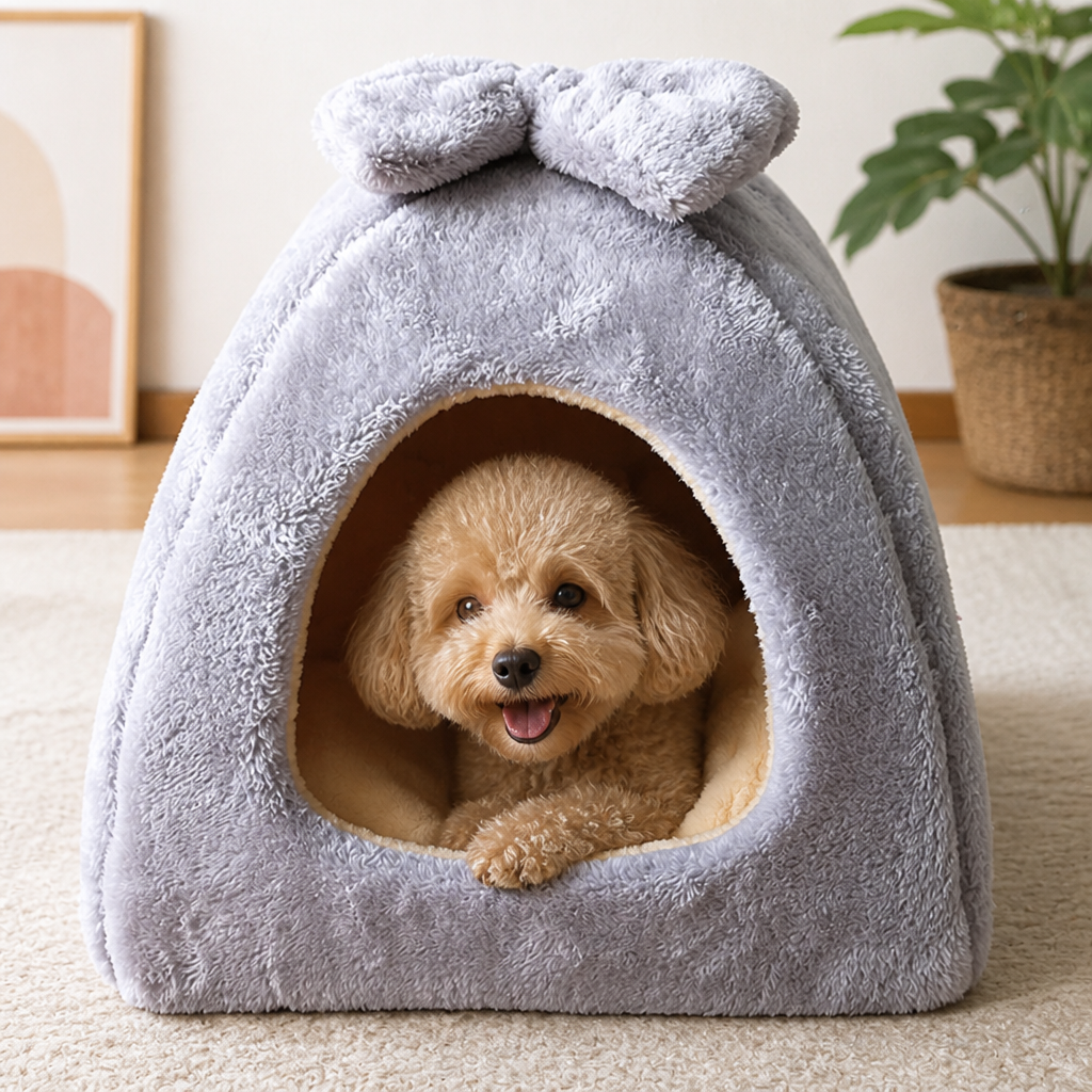 DogBedHouse Coral Velvet & PP Cotton Enclosed Pet Bed (Removable & Washable Cover)