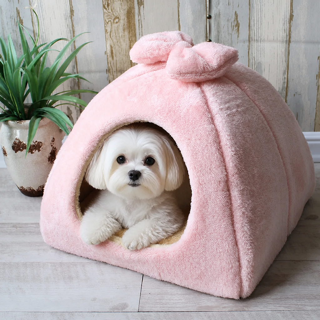 DogBedHouse Coral Velvet & PP Cotton Enclosed Pet Bed (Removable & Washable Cover)