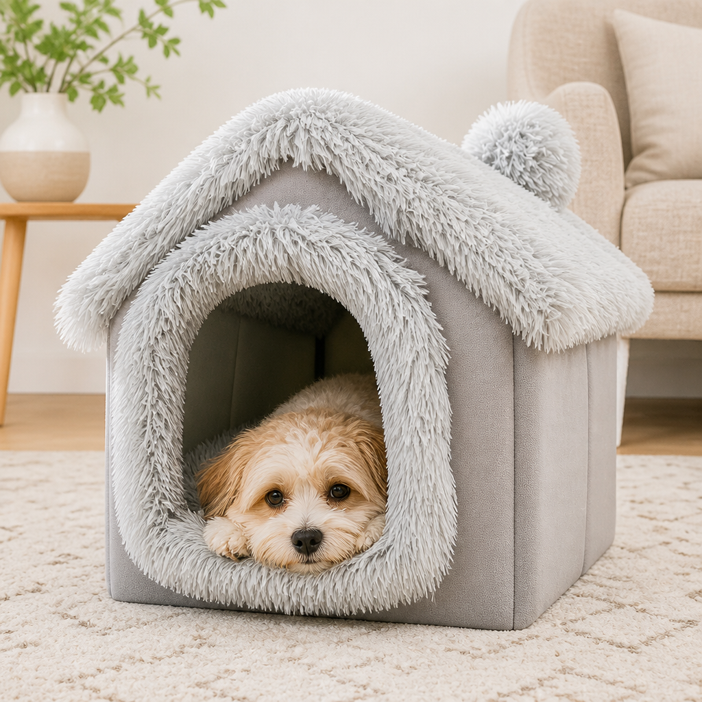 DogBedHouse Coral Velvet & Removable Cushion Plush Cave Dog Bed