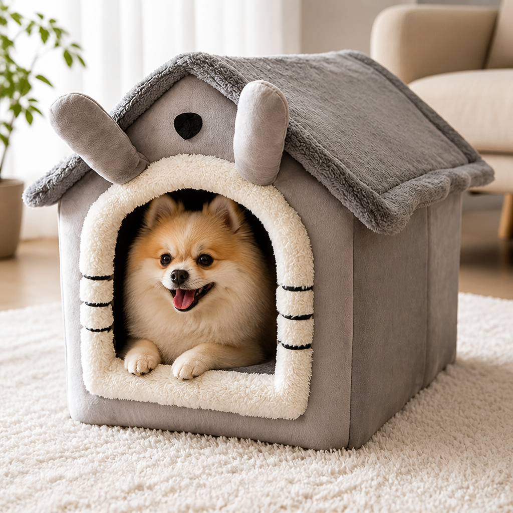 DogBedHouse Coral Velvet & Removable Cushion Plush Cave Dog Bed
