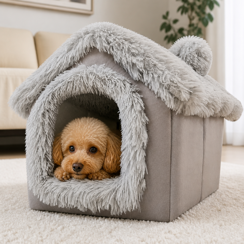 DogBedHouse Coral Velvet & Removable Cushion Plush Cave Dog Bed