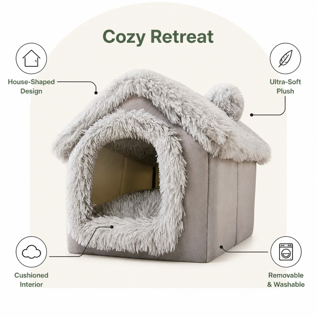 DogBedHouse Coral Velvet & Removable Cushion Plush Cave Dog Bed