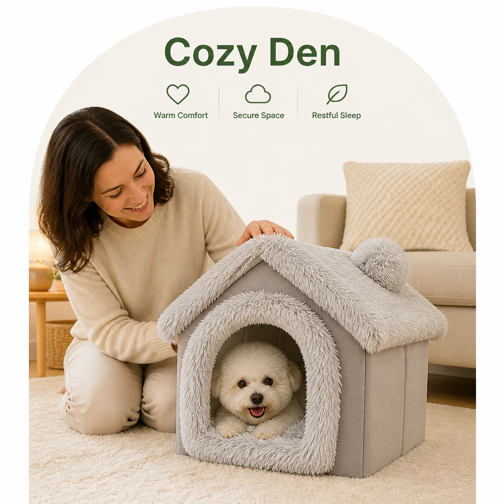 DogBedHouse Coral Velvet & Removable Cushion Plush Cave Dog Bed