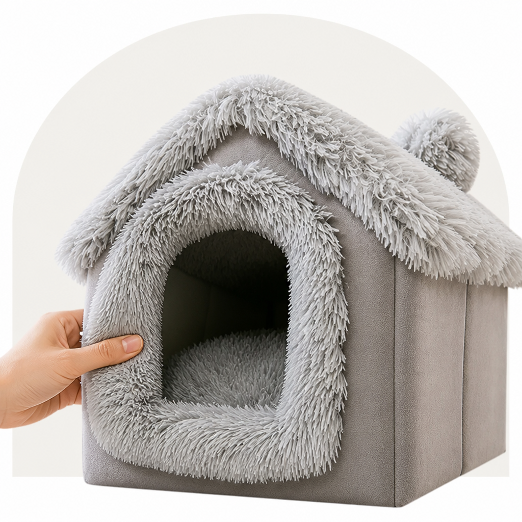 DogBedHouse Coral Velvet & Removable Cushion Plush Cave Dog Bed