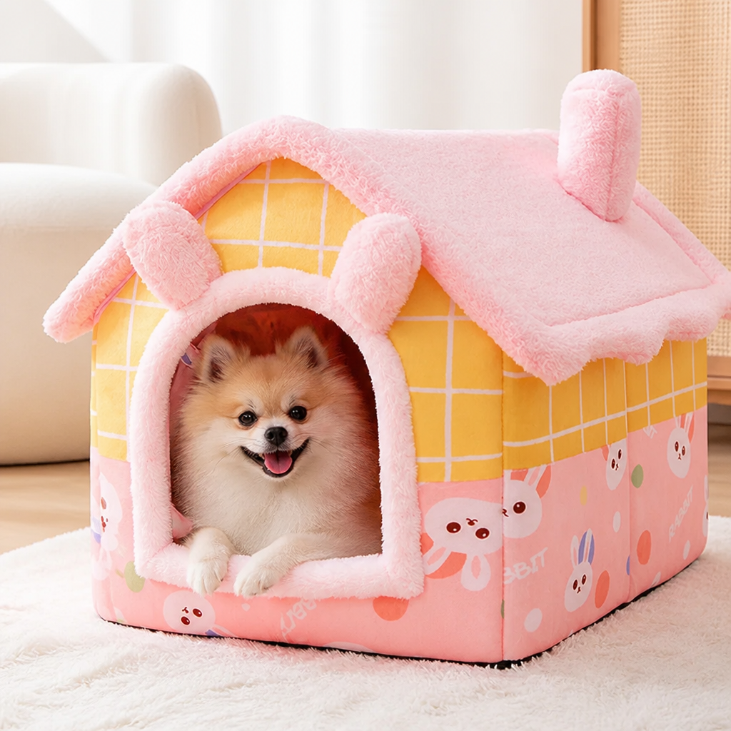 DogBedHouse Coral Velvet & Removable Cushion Plush Cave Dog Bed