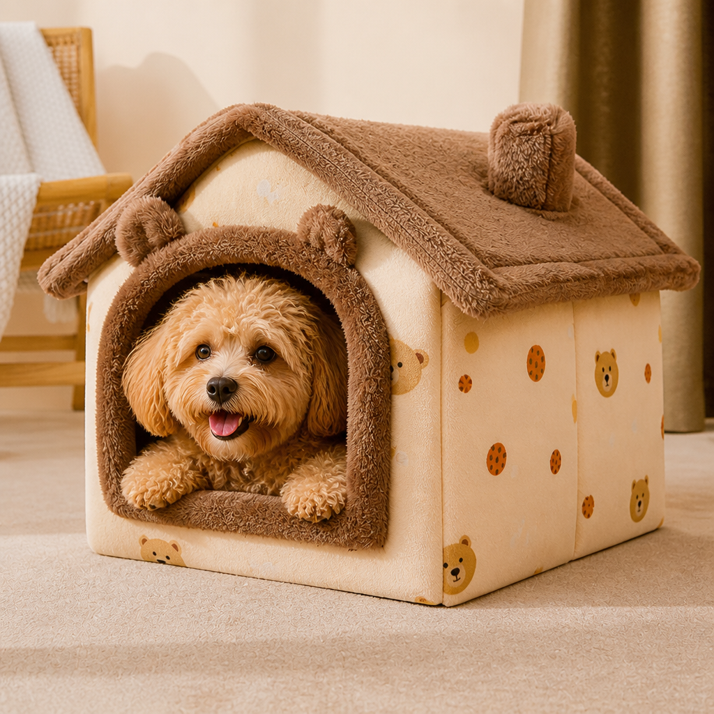 DogBedHouse Coral Velvet & Removable Cushion Plush Cave Dog Bed