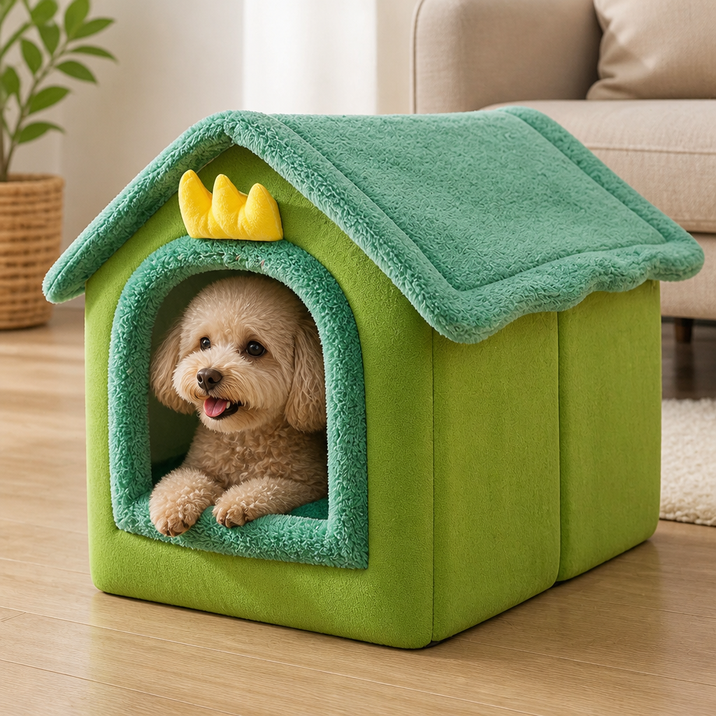 DogBedHouse Coral Velvet & Removable Cushion Plush Cave Dog Bed