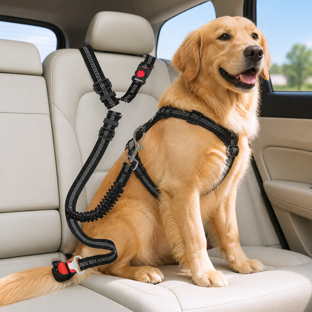 DogBedHouse Dual-Safety Shock-Absorbing Dog Car Seat Belt (Adjustable 16-26 in)