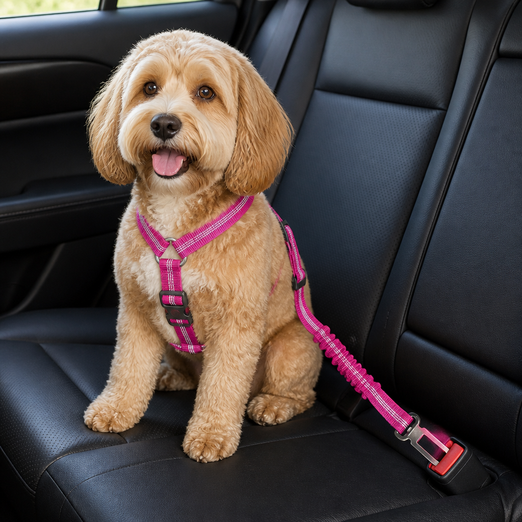 DogBedHouse Dual-Safety Shock-Absorbing Dog Car Seat Belt (Adjustable 16-26 in)
