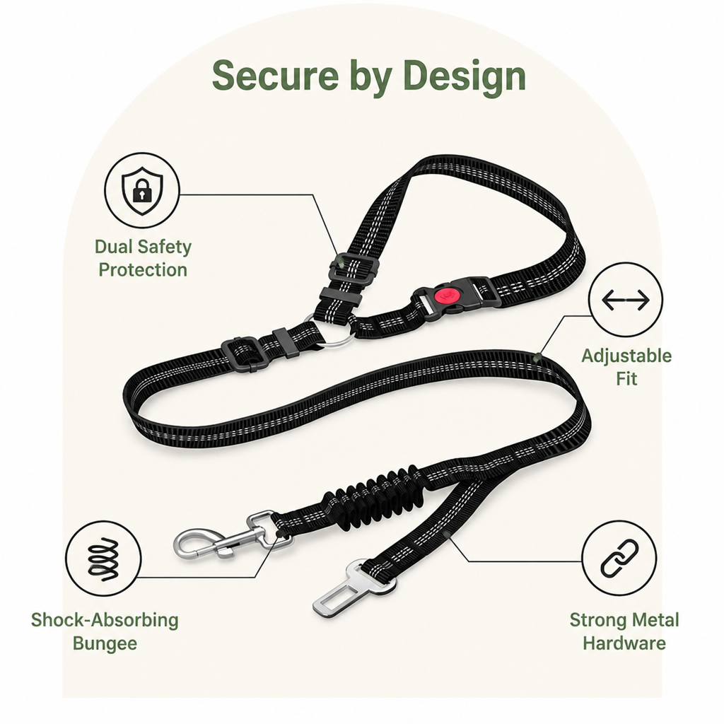 DogBedHouse Dual-Safety Shock-Absorbing Dog Car Seat Belt (Adjustable 16-26 in)