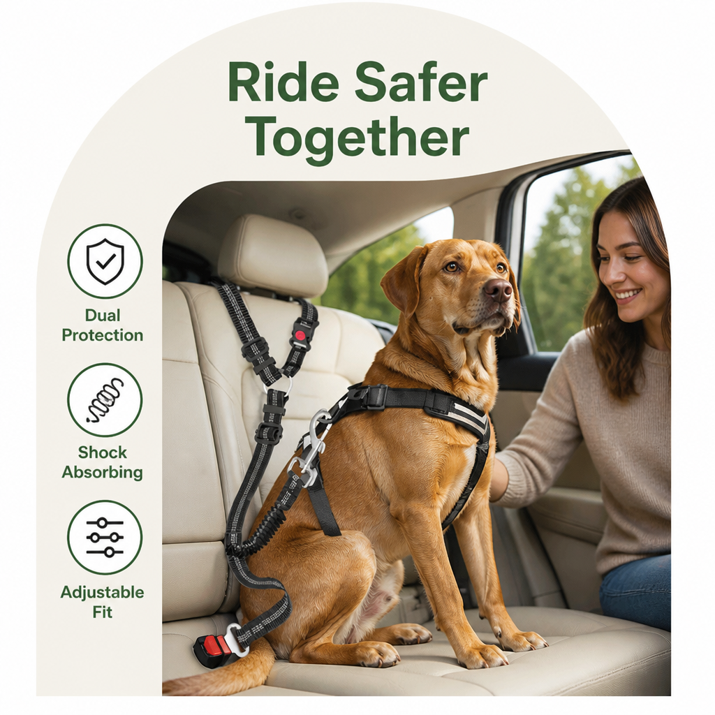 DogBedHouse Dual-Safety Shock-Absorbing Dog Car Seat Belt (Adjustable 16-26 in)
