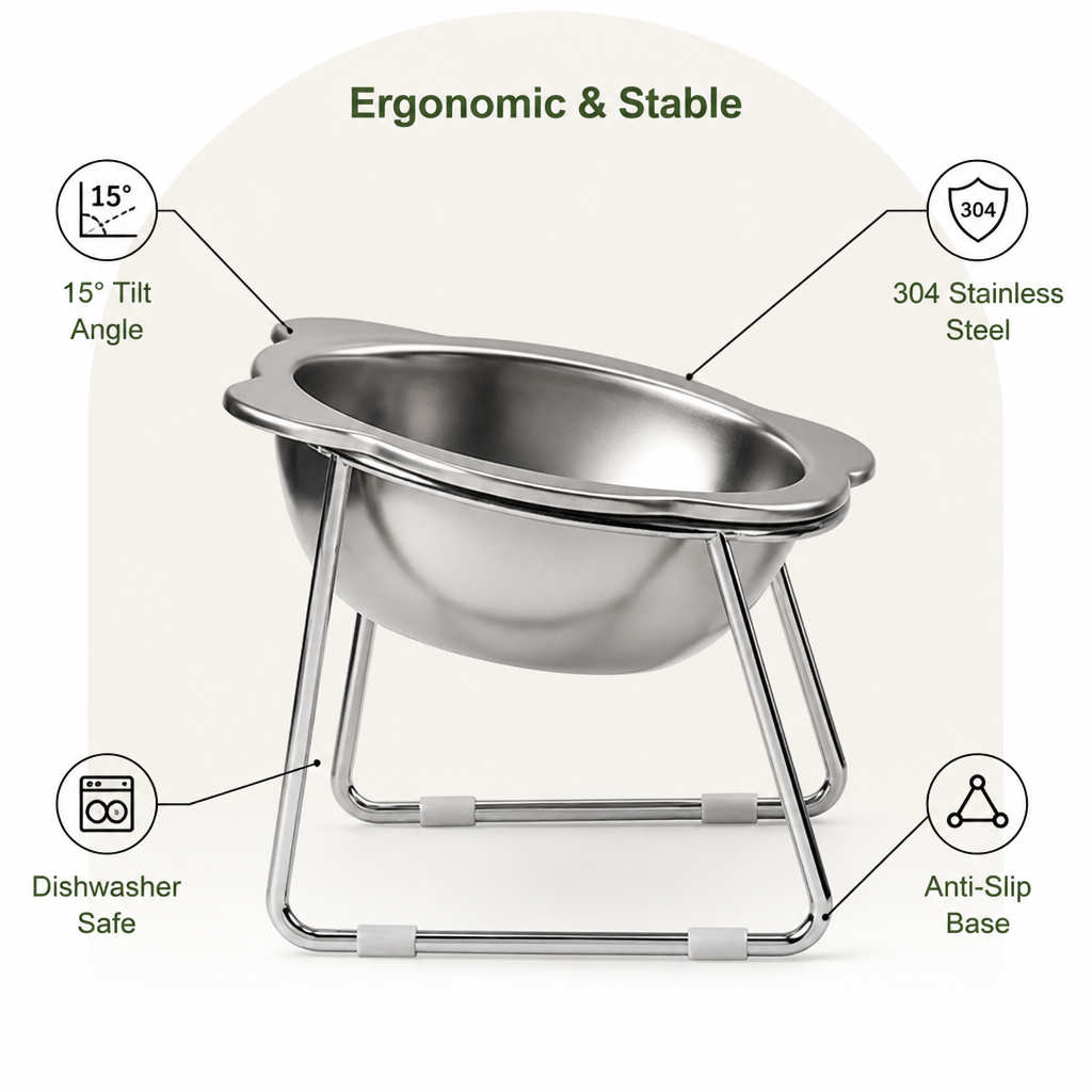 DogBedHouse Elevated 15° Tilt Stainless Steel Cat Bowl