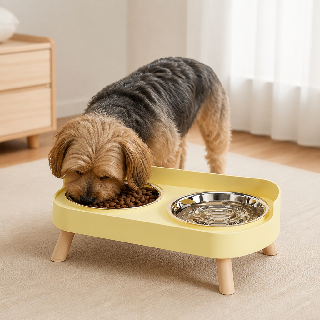 DogBedHouse Elevated Neck-Support Pet Feeder (Dual Removable Stainless Bowls)