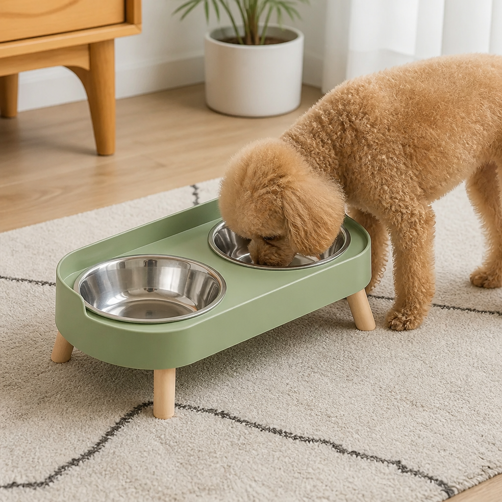 DogBedHouse Elevated Neck-Support Pet Feeder (Dual Removable Stainless Bowls)