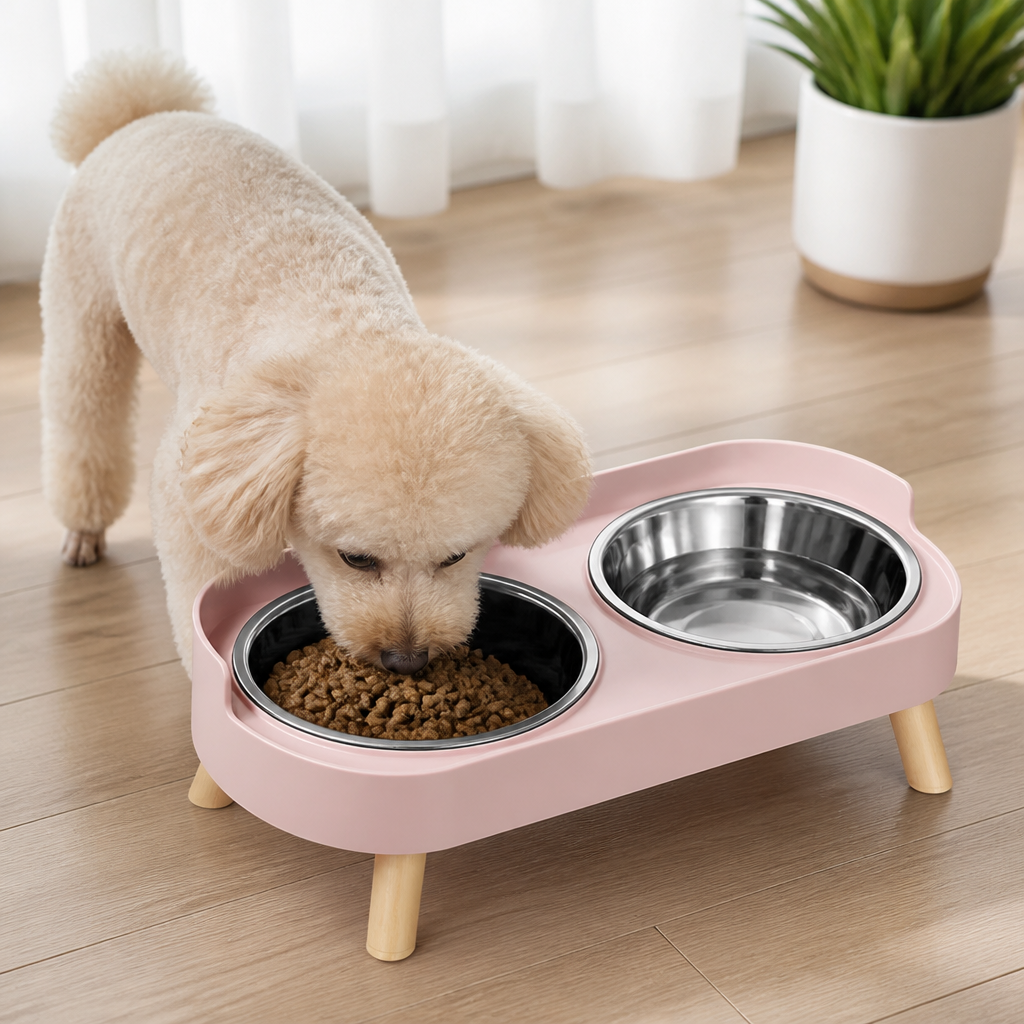DogBedHouse Elevated Neck-Support Pet Feeder (Dual Removable Stainless Bowls)