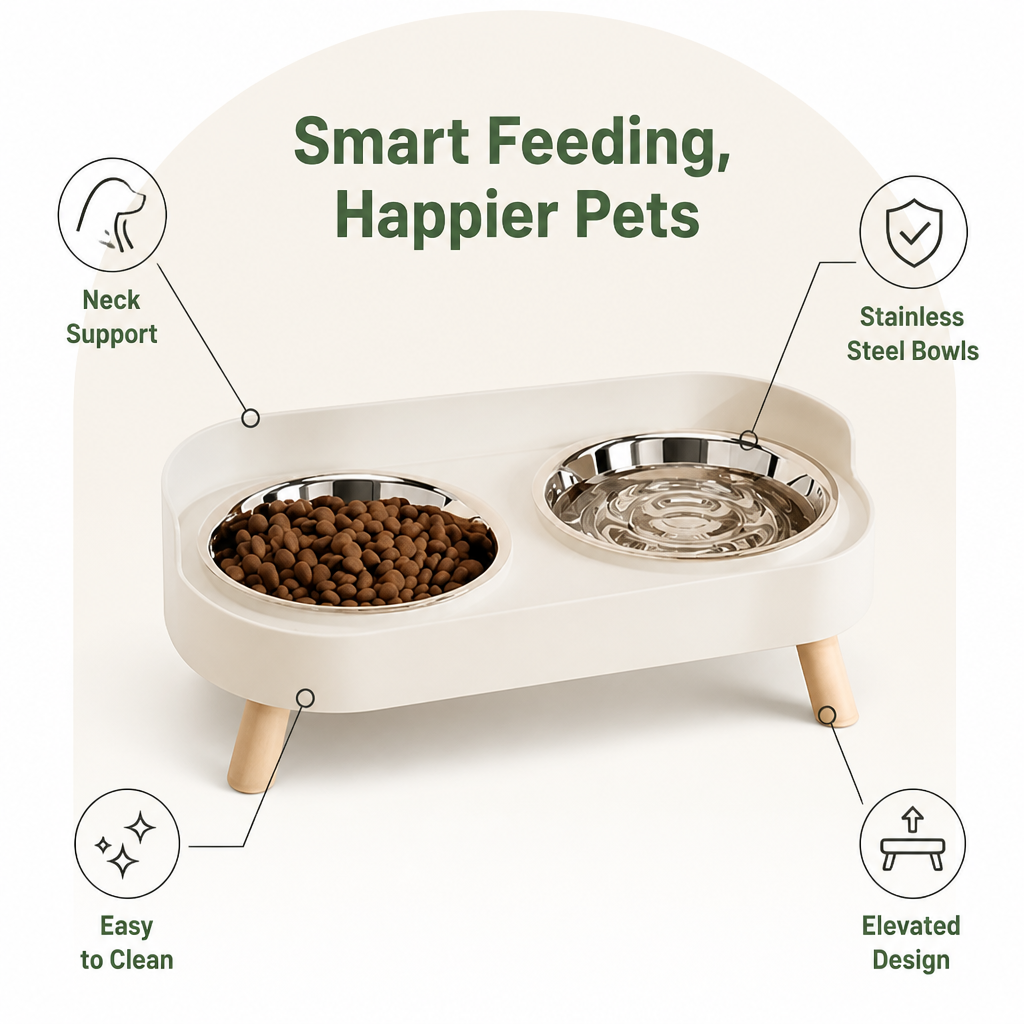 DogBedHouse Elevated Neck-Support Pet Feeder (Dual Removable Stainless Bowls)