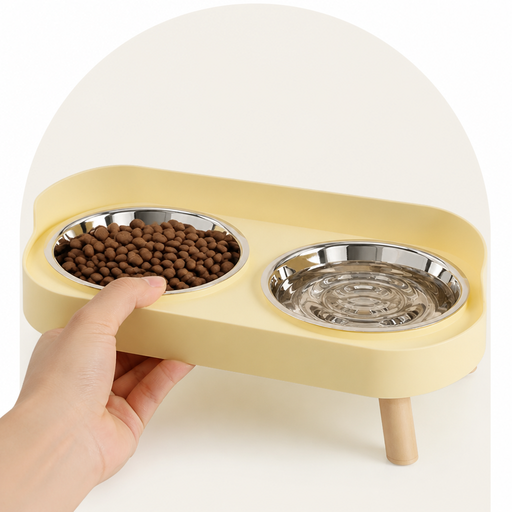 DogBedHouse Elevated Neck-Support Pet Feeder (Dual Removable Stainless Bowls)