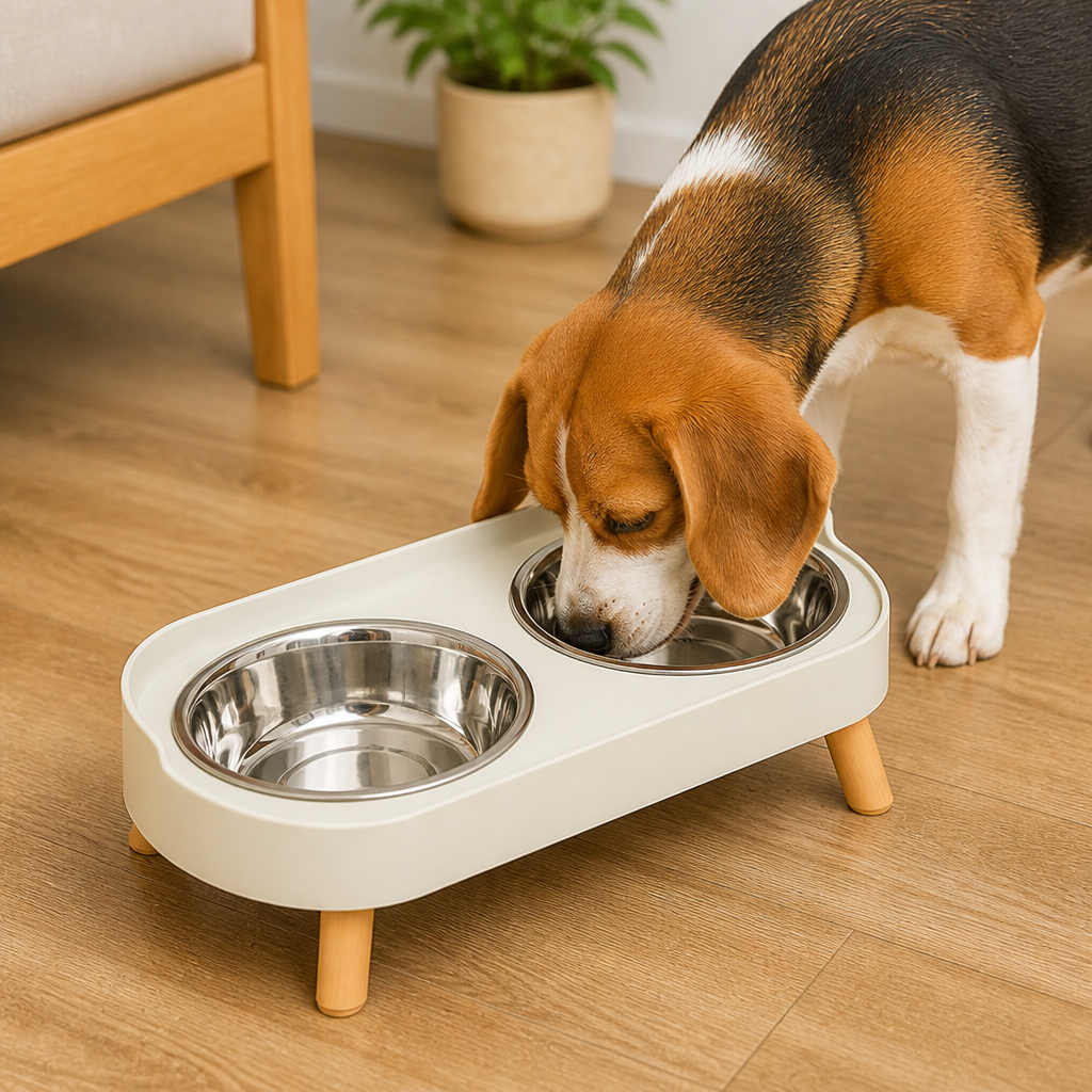 DogBedHouse Elevated Neck-Support Pet Feeder (Dual Removable Stainless Bowls)