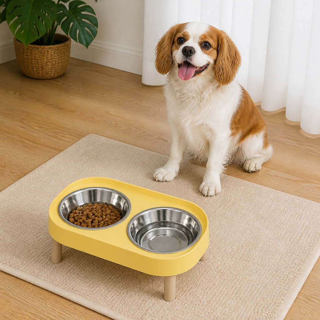 DogBedHouse Elevated Neck-Support Pet Feeder (Dual Removable Stainless Bowls)