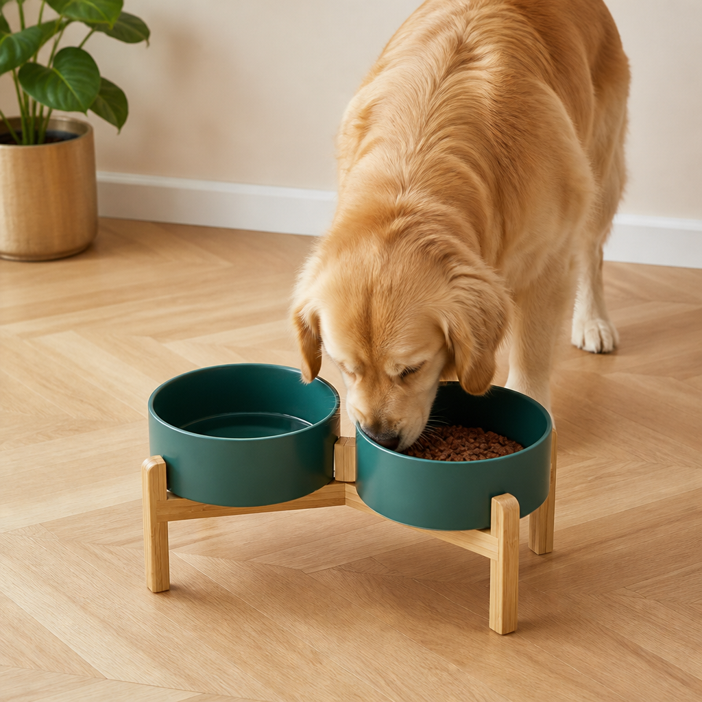 DogBedHouse Elevated Wooden Stand & Double Ceramic Dog Bowl