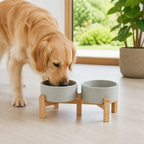 DogBedHouse Elevated Wooden Stand & Double Ceramic Dog Bowl