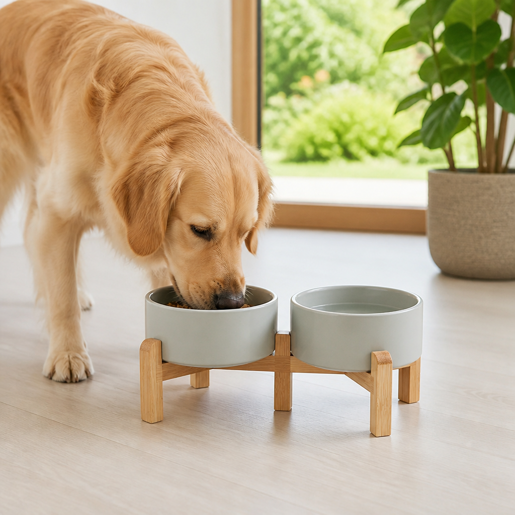 DogBedHouse Elevated Wooden Stand & Double Ceramic Dog Bowl
