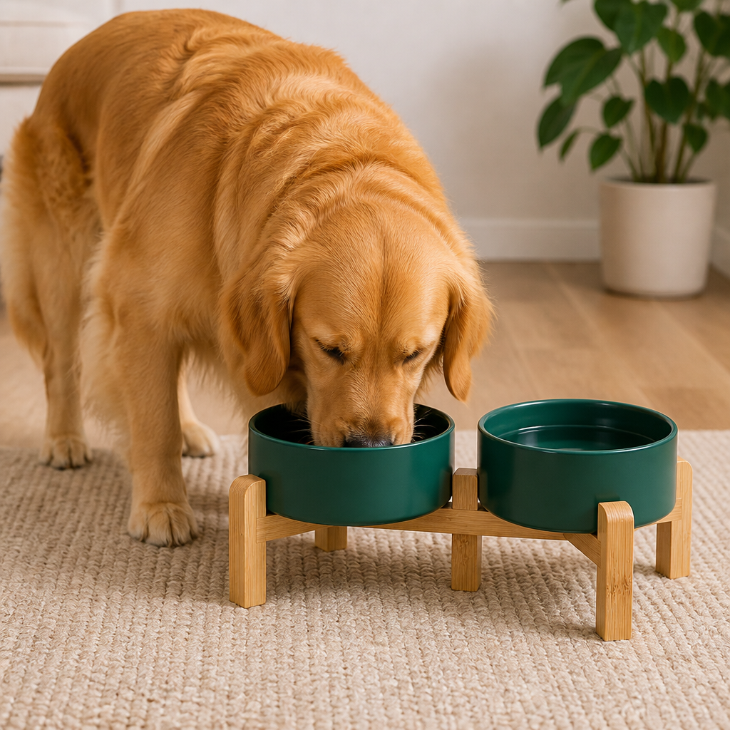 DogBedHouse Elevated Wooden Stand & Double Ceramic Dog Bowl