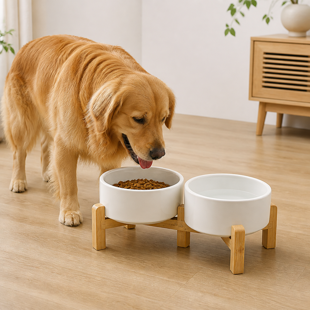 DogBedHouse Elevated Wooden Stand & Double Ceramic Dog Bowl