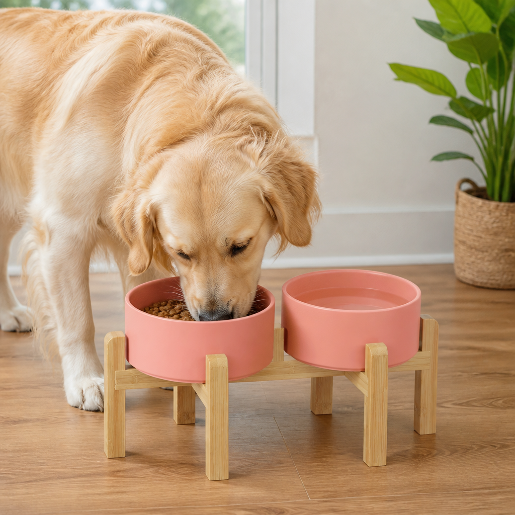 DogBedHouse Elevated Wooden Stand & Double Ceramic Dog Bowl
