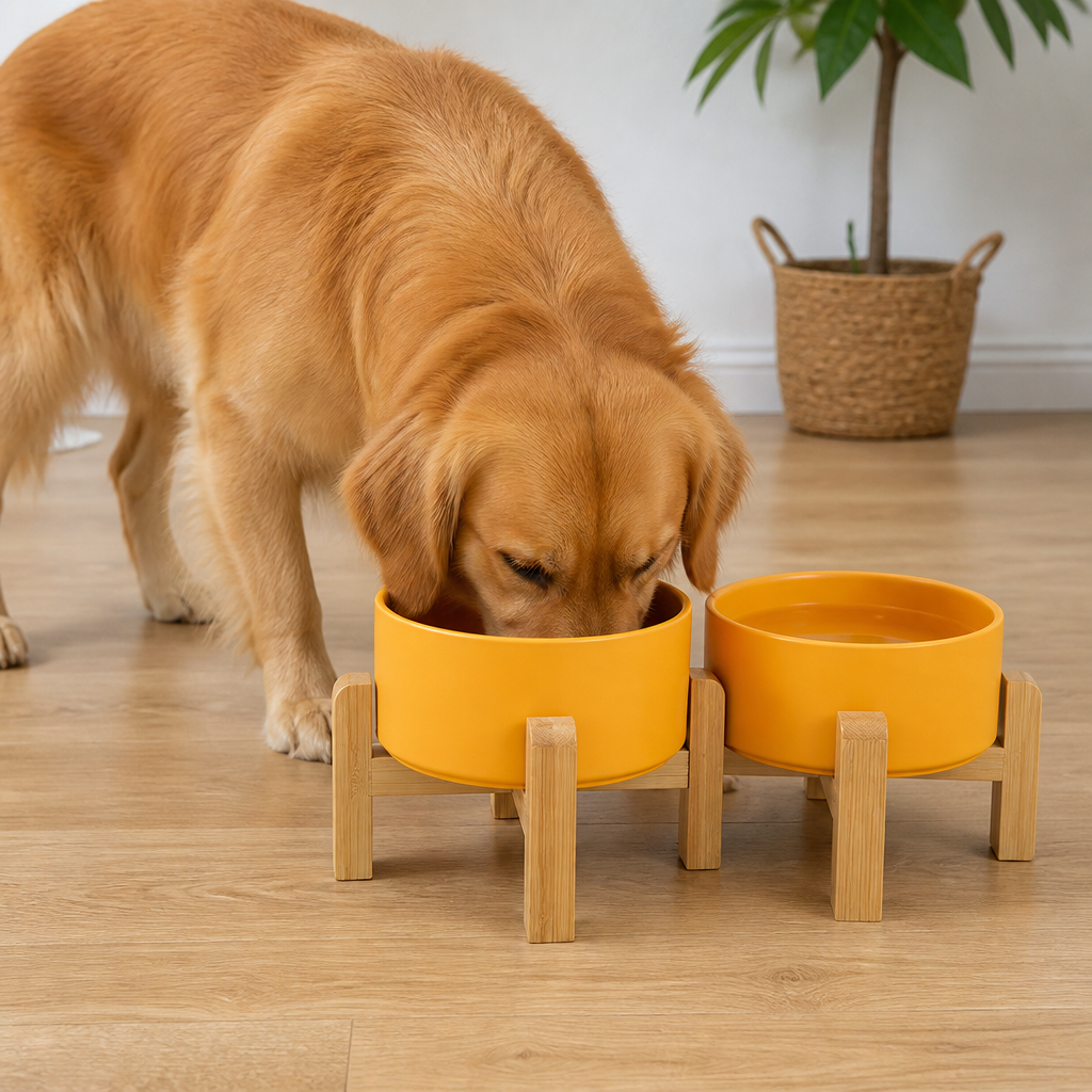 DogBedHouse Elevated Wooden Stand & Double Ceramic Dog Bowl