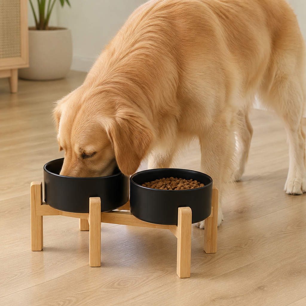 DogBedHouse Elevated Wooden Stand & Double Ceramic Dog Bowl