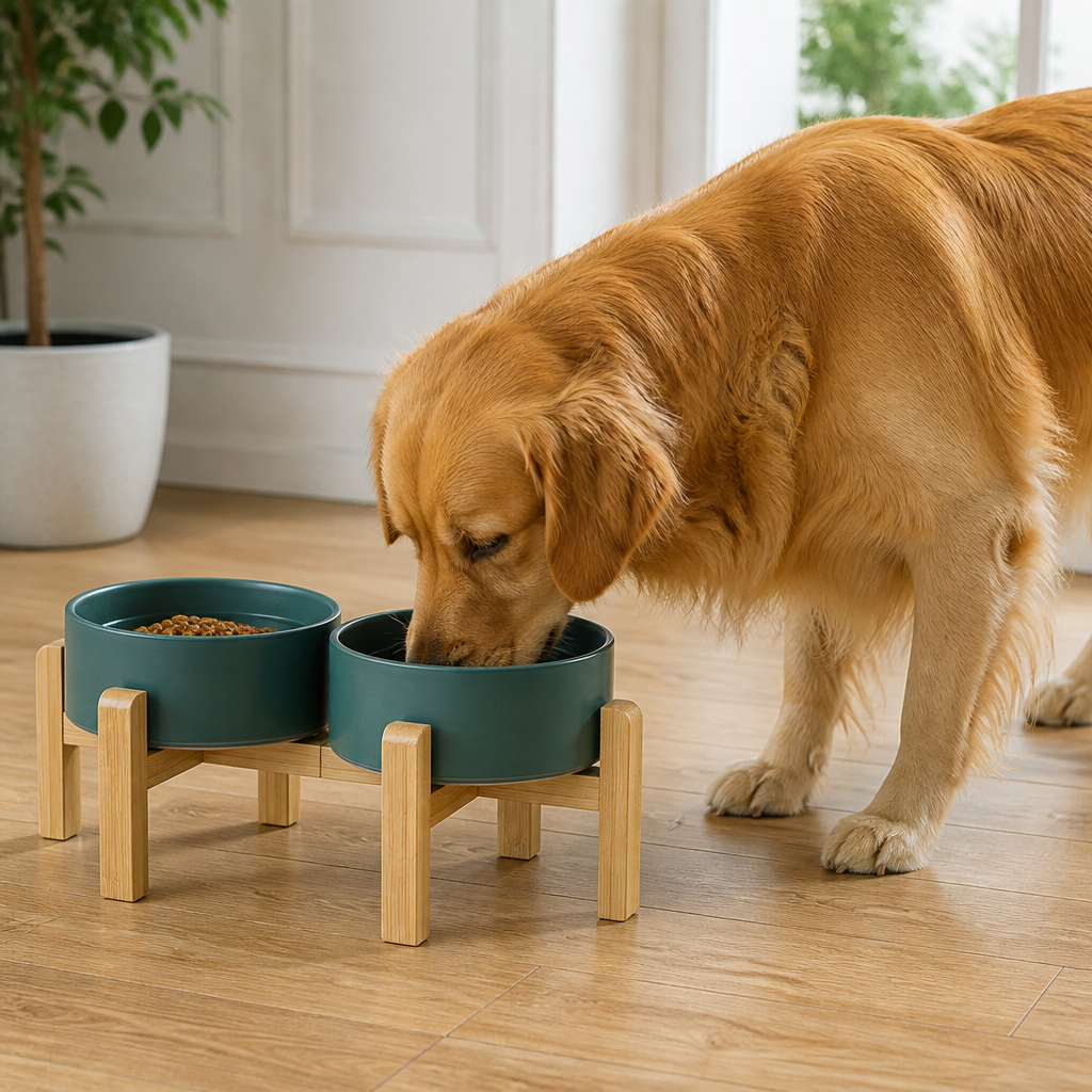 DogBedHouse Elevated Wooden Stand & Double Ceramic Dog Bowl
