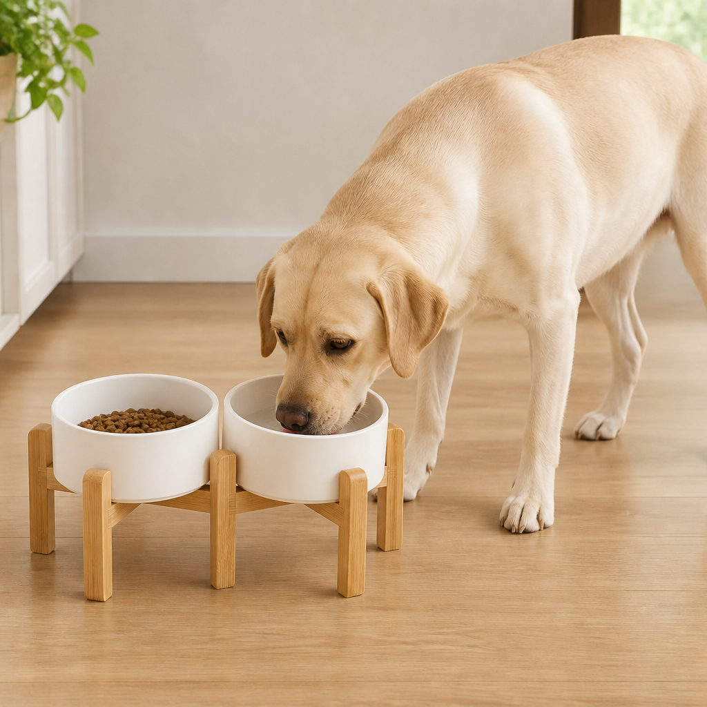 DogBedHouse Elevated Wooden Stand & Double Ceramic Dog Bowl