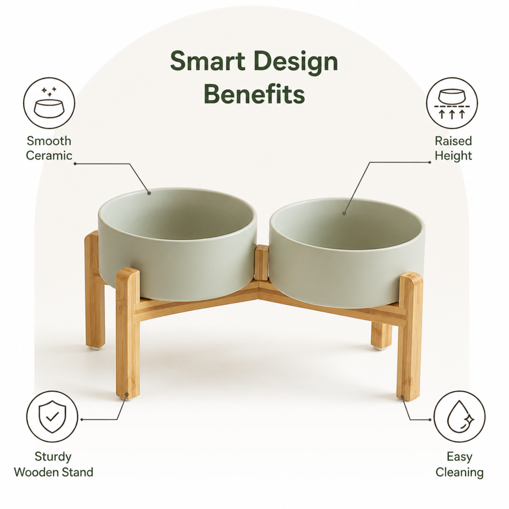 DogBedHouse Elevated Wooden Stand & Double Ceramic Dog Bowl
