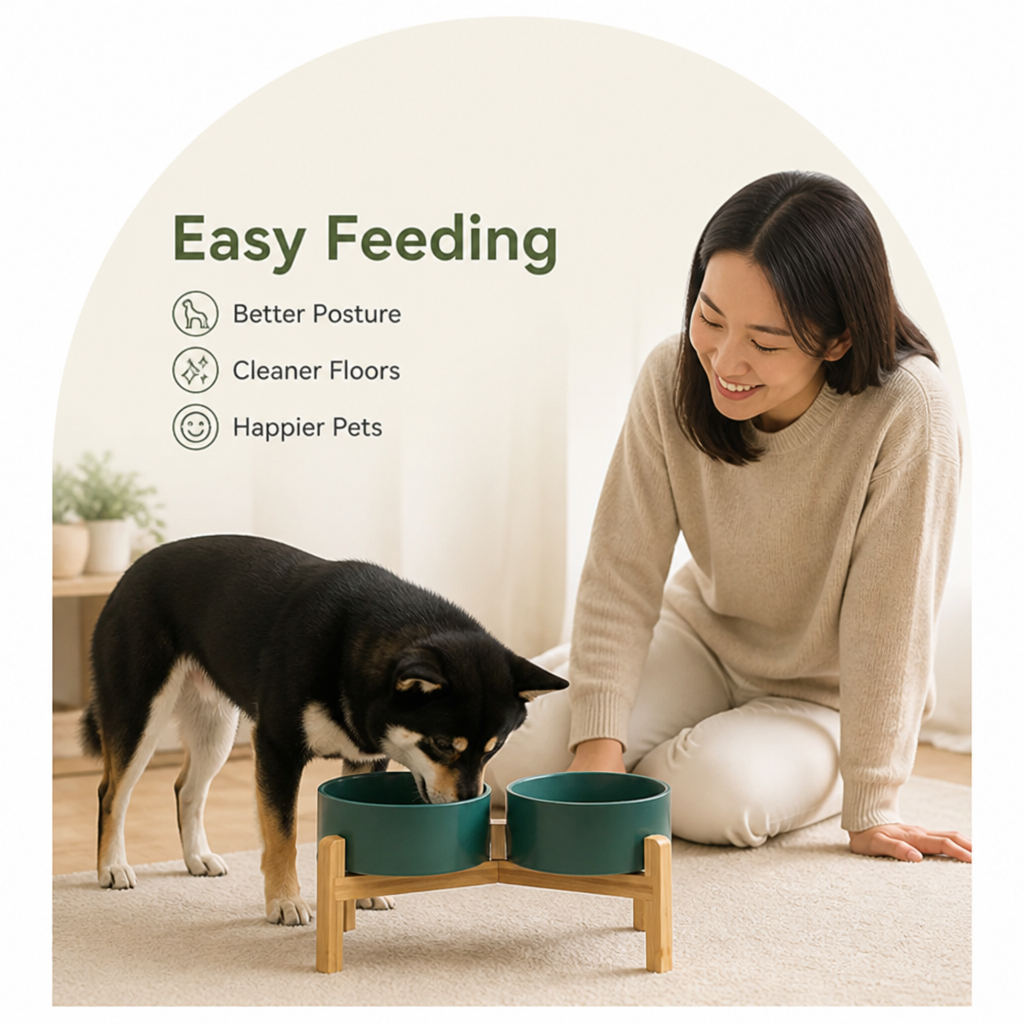 DogBedHouse Elevated Wooden Stand & Double Ceramic Dog Bowl