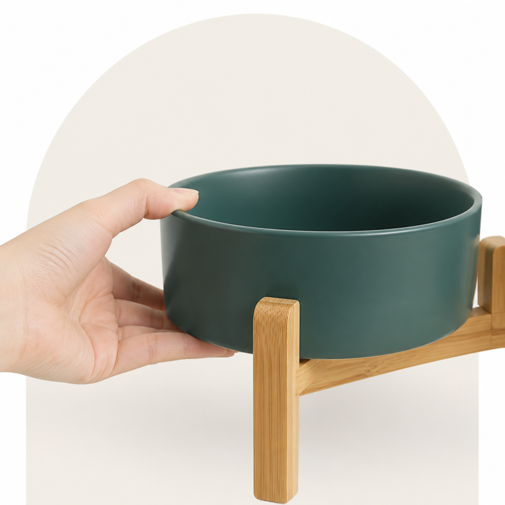 DogBedHouse Elevated Wooden Stand & Double Ceramic Dog Bowl