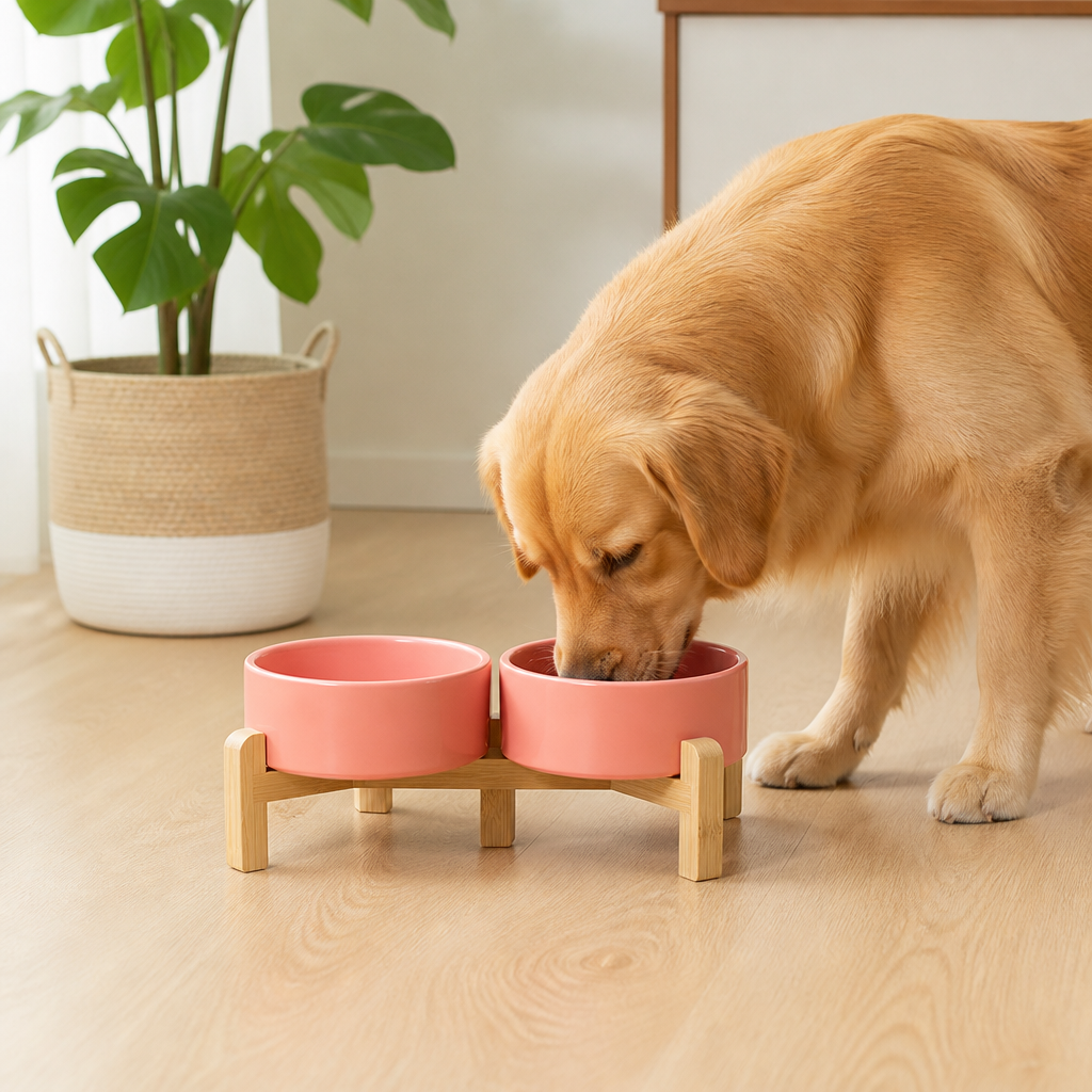 DogBedHouse Elevated Wooden Stand & Double Ceramic Dog Bowl