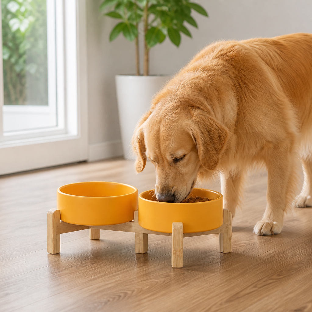 DogBedHouse Elevated Wooden Stand & Double Ceramic Dog Bowl