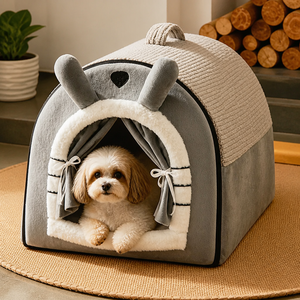 DogBedHouse Fleece & High-Rebound Sponge Dog Bed (Removable Washable Cover)