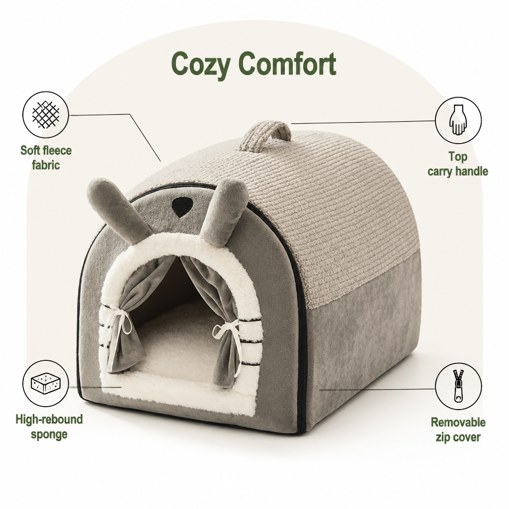 DogBedHouse Fleece & High-Rebound Sponge Dog Bed (Removable Washable Cover)