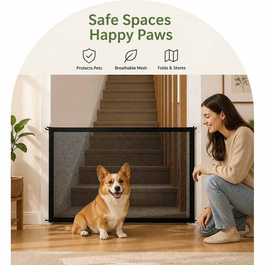 DogBedHouse Foldable Breathable Mesh Dog Gate (Includes 6 Hooks)