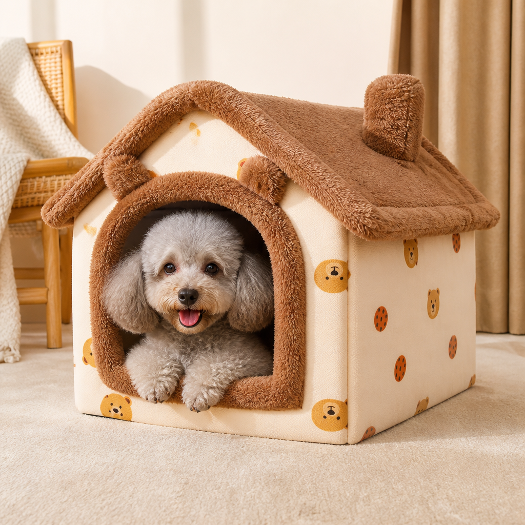 DogBedHouse Foldable Fleece-Lined Rebound Foam Pet House