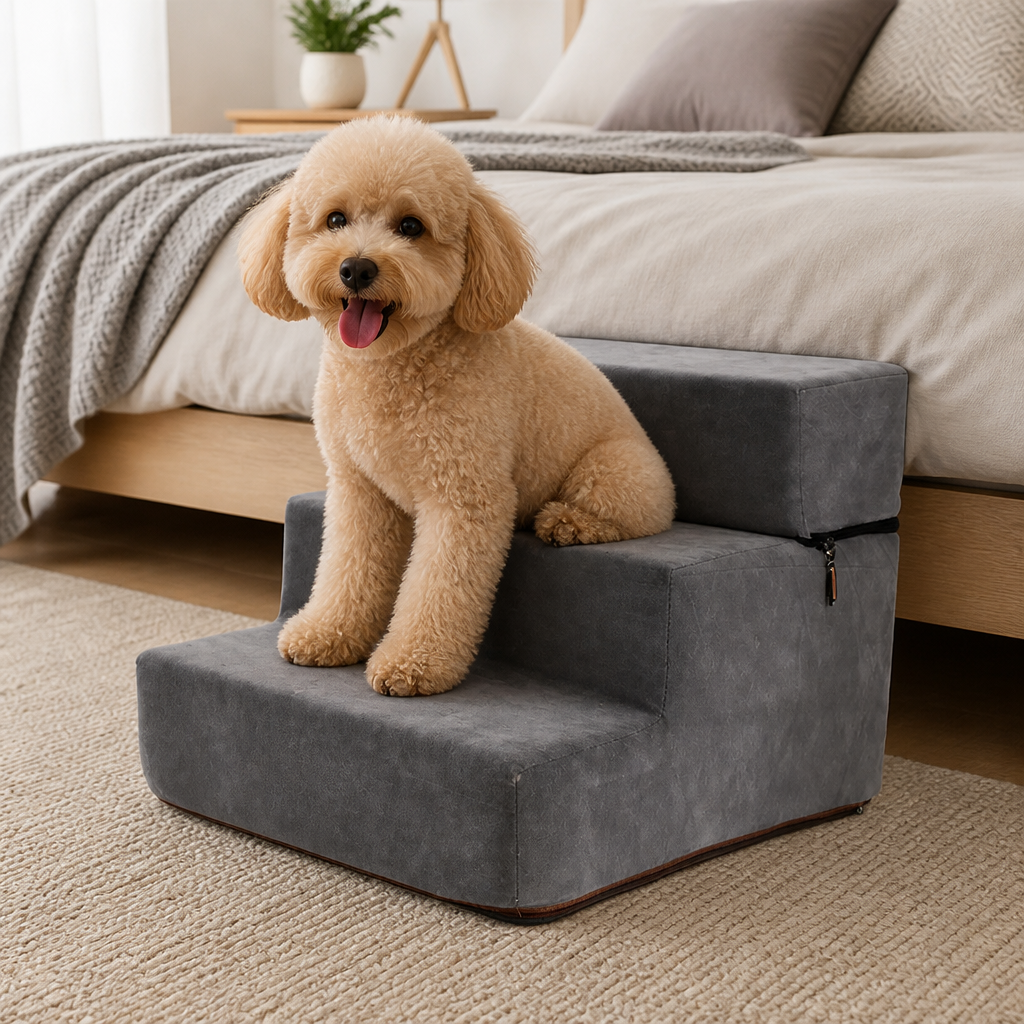 DogBedHouse Foldable Non-Slip Faux Fleece Pet Stairs (3-Step Removable Cover)