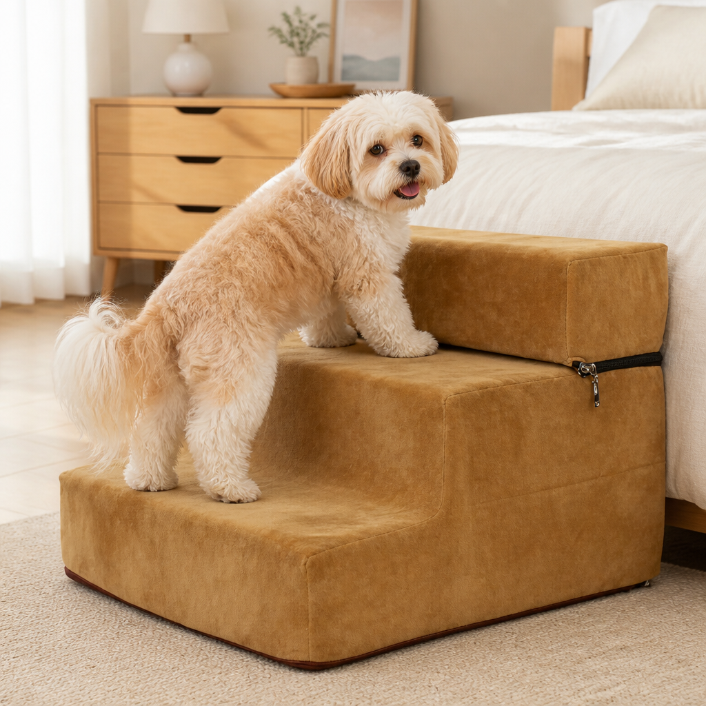 DogBedHouse Foldable Non-Slip Faux Fleece Pet Stairs (3-Step Removable Cover)