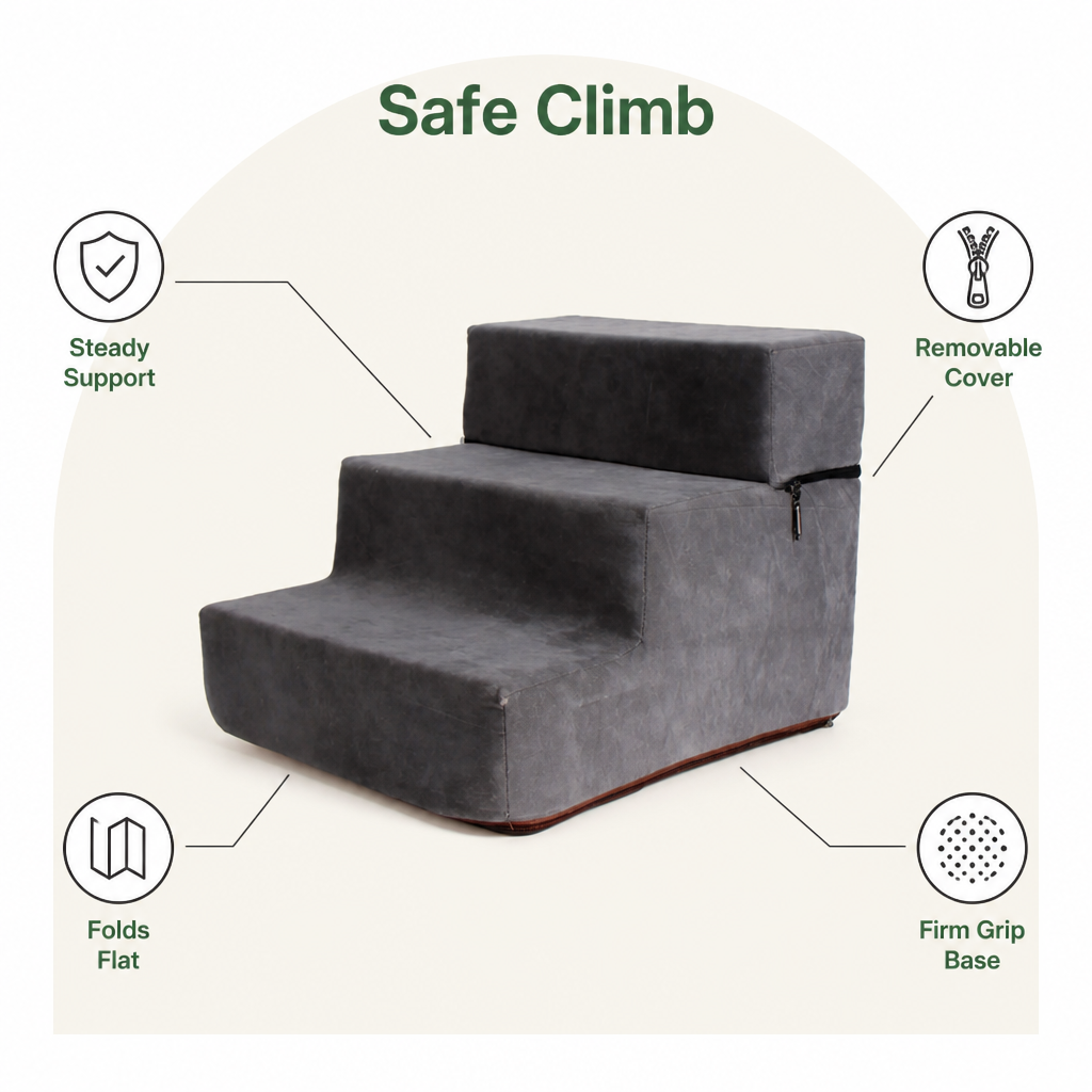 DogBedHouse Foldable Non-Slip Faux Fleece Pet Stairs (3-Step Removable Cover)