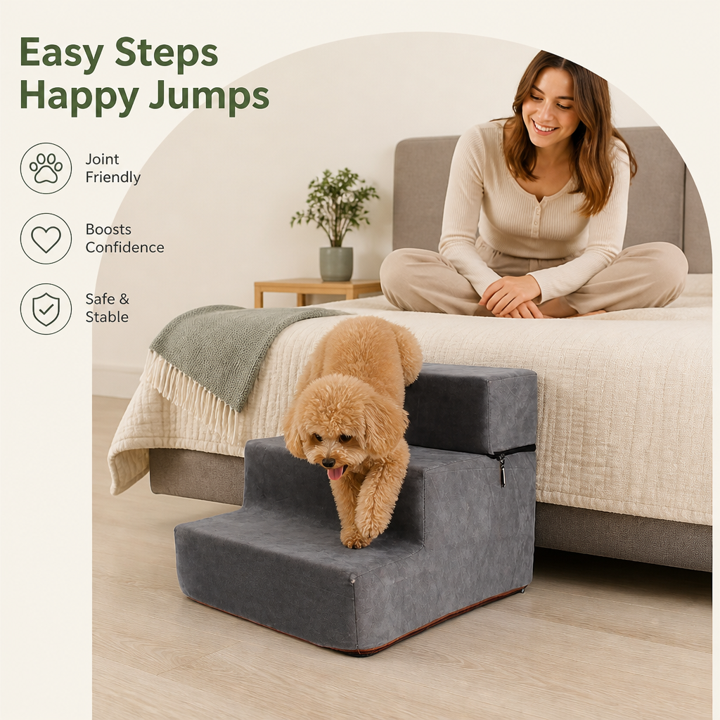 DogBedHouse Foldable Non-Slip Faux Fleece Pet Stairs (3-Step Removable Cover)