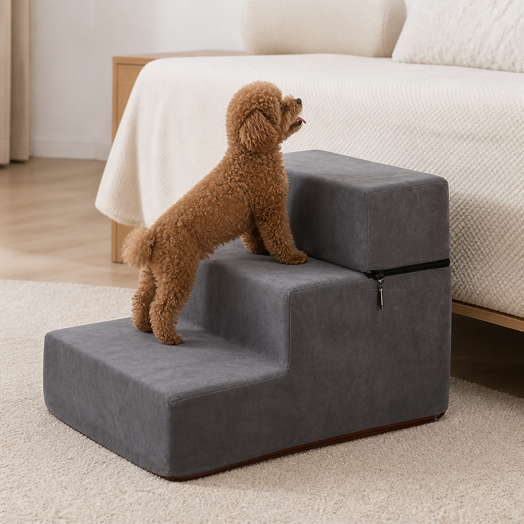 DogBedHouse Foldable Non-Slip Faux Fleece Pet Stairs (3-Step Removable Cover)