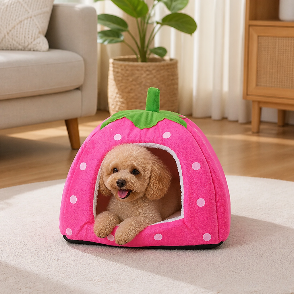 DogBedHouse Foldable Plush Pet Tent (Strawberry Shape)