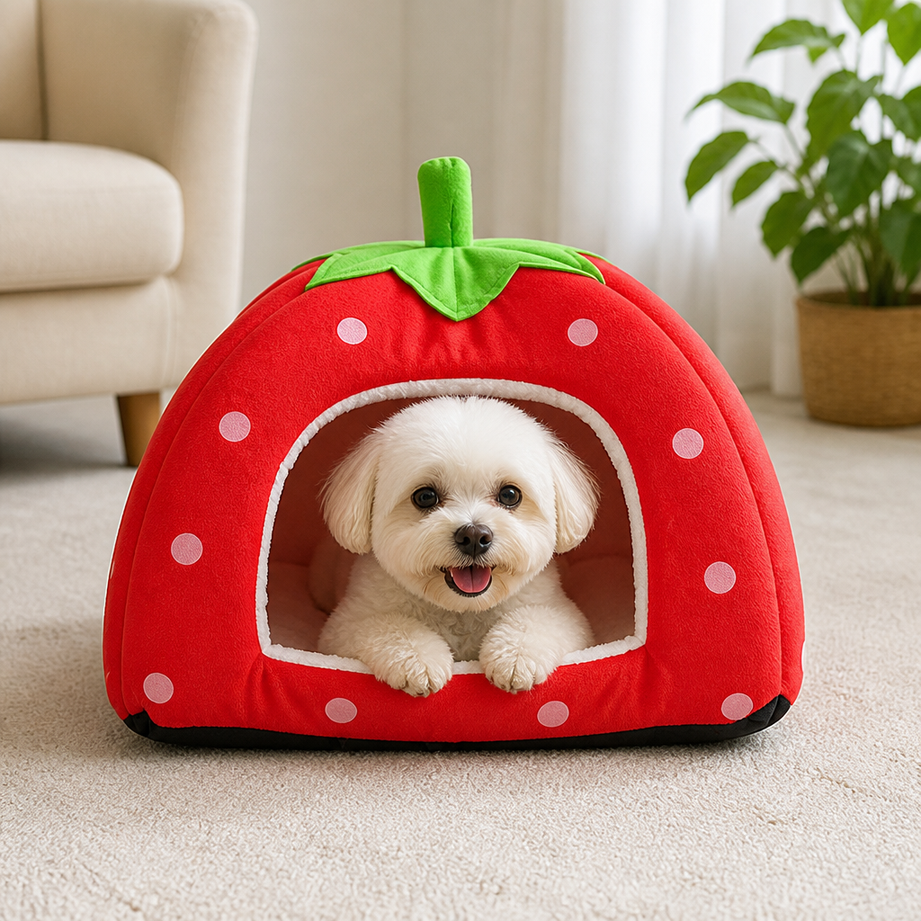 DogBedHouse Foldable Plush Pet Tent (Strawberry Shape)