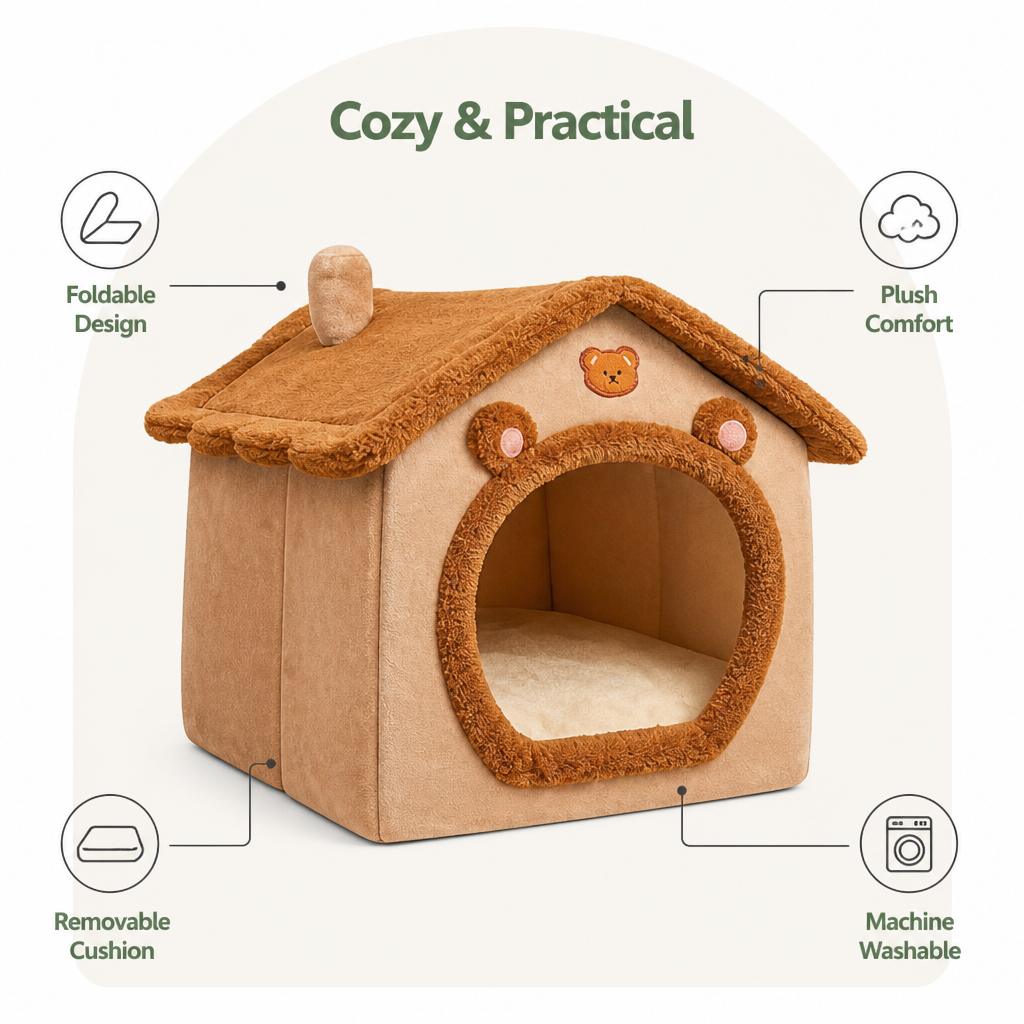 DogBedHouse Foldable Plush Velvet & Flannelette Pet House (Removable Washable Cushion)